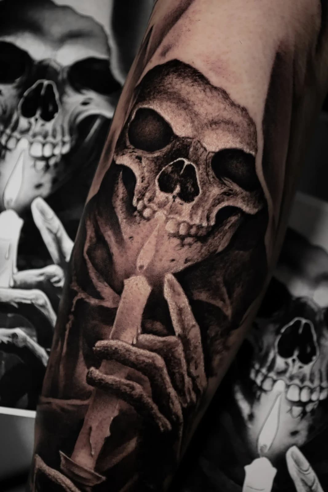 Skull and reaper sleeve tattoo